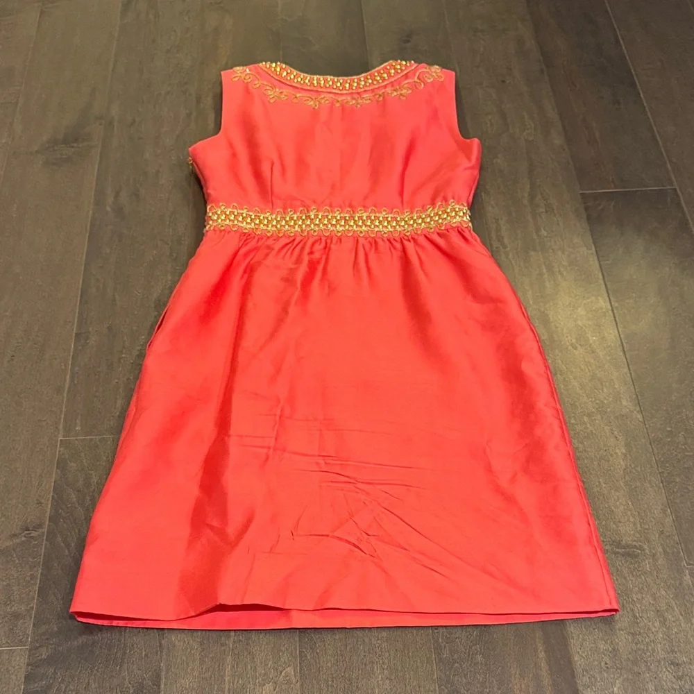 Kate Spade Annette Silk Dress Size 0 Coral Gold Beaded Embroidered Cocktail